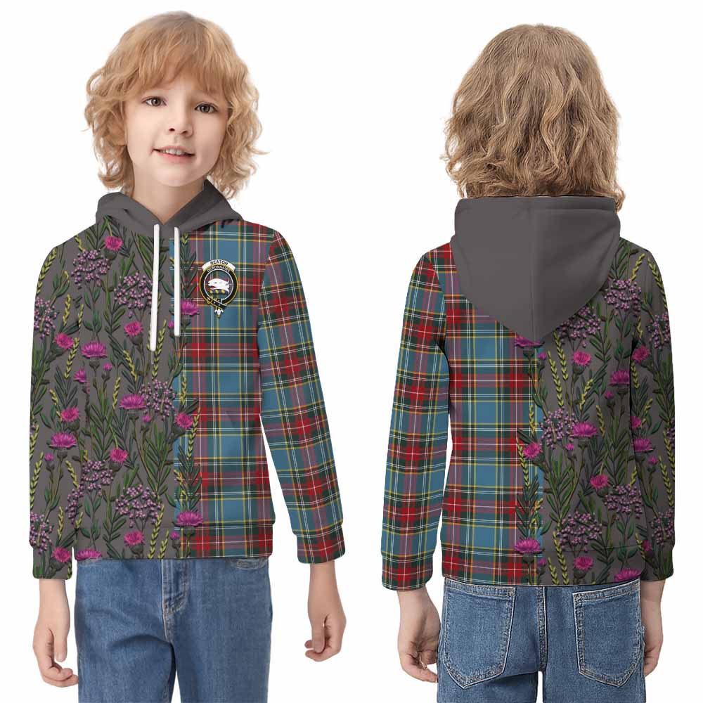 Beaton Family Crest Tartan Kid Hoodie Scottish Thistle Flower Pattern Half Style - Tartan Vibes Clothing