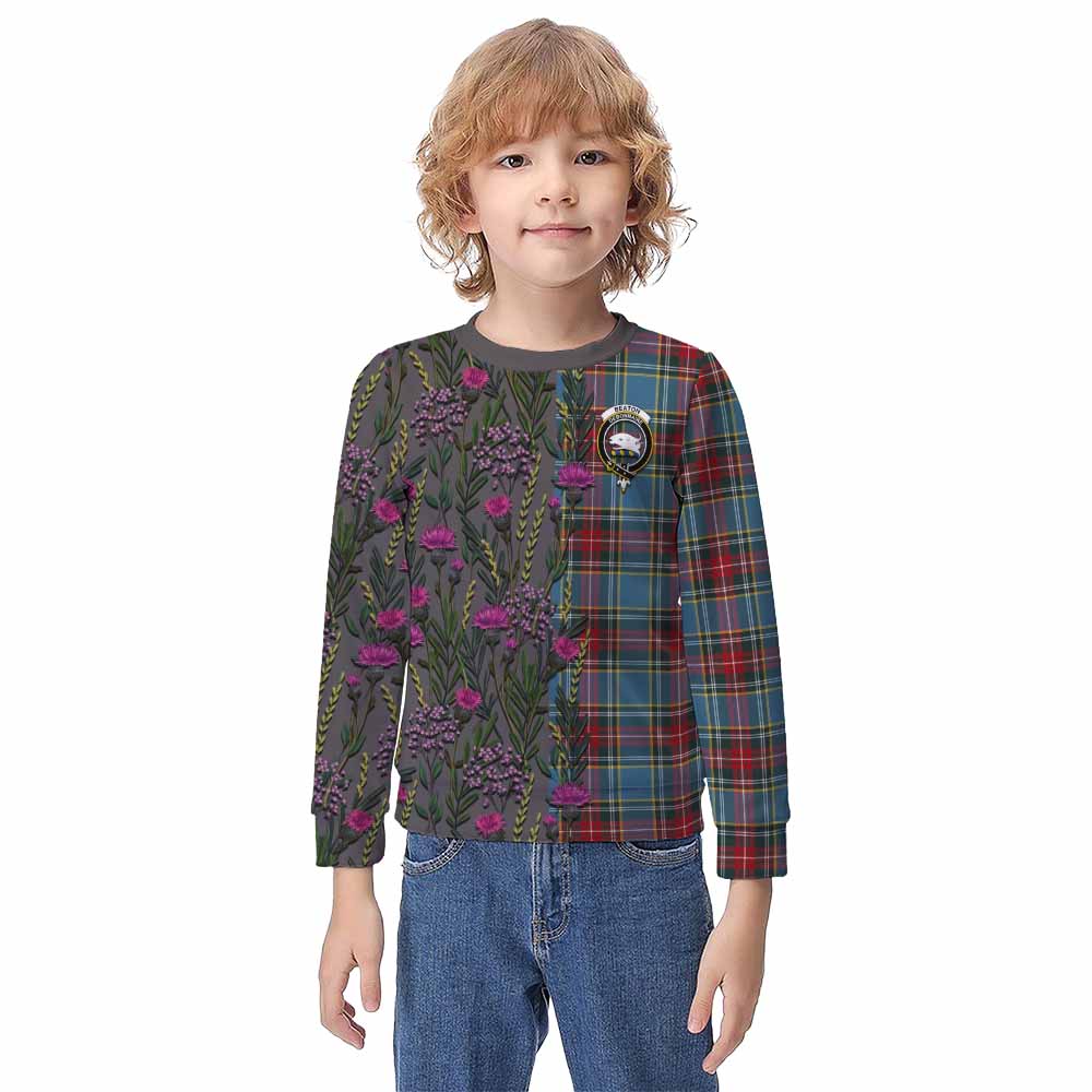 Beaton Family Crest Tartan Kid Knitted Sweatshirt Scottish Thistle Flower Pattern Half Style - Tartan Vibes Clothing