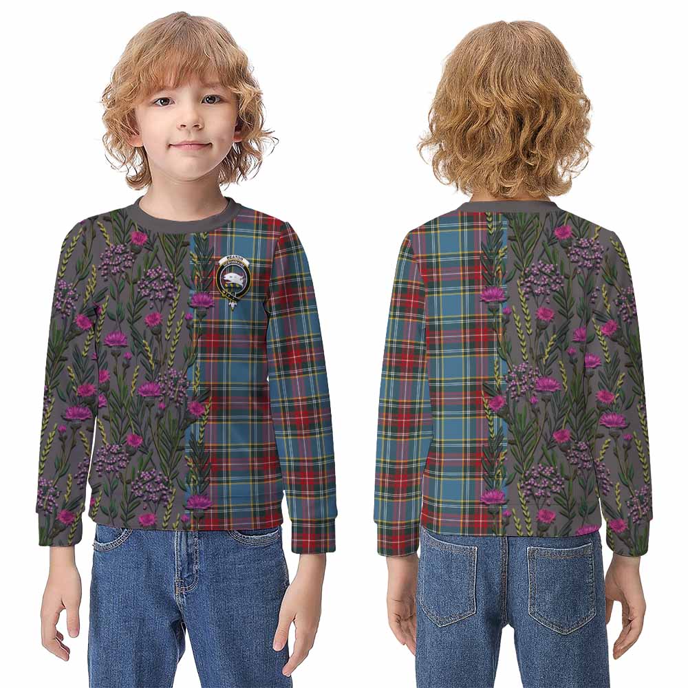 Beaton Family Crest Tartan Kid Knitted Sweatshirt Scottish Thistle Flower Pattern Half Style - Tartan Vibes Clothing