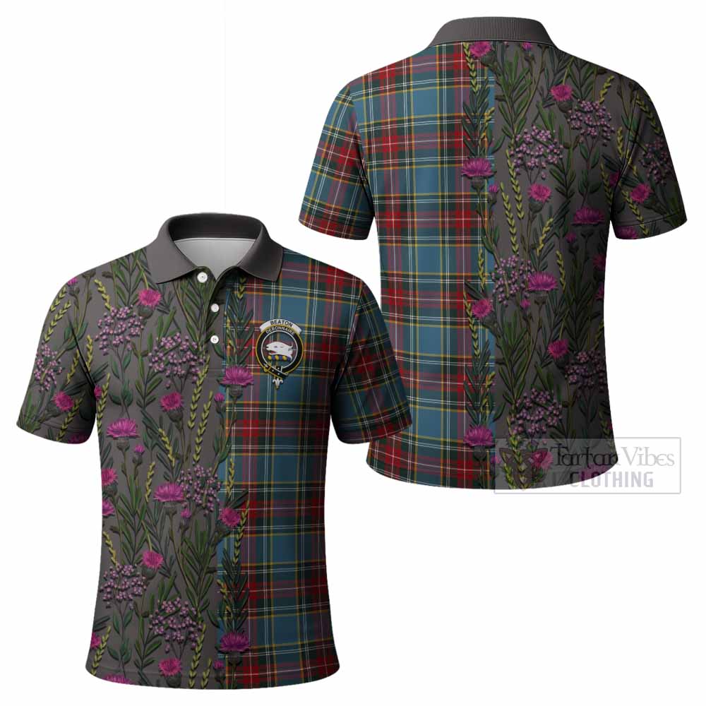 Beaton Family Crest Tartan Polo Shirt Scottish Thistle Flower Pattern Half Style - Tartan Vibes Clothing