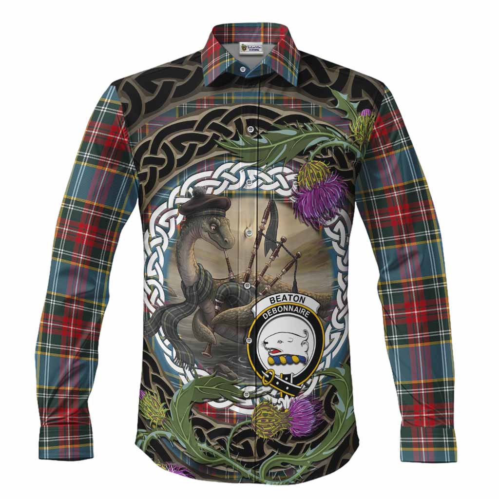 Beaton Tartan Crest Bagpipe Nessie Long Sleeve Button Shirts Scottish Loch Ness Monster Celtic Thistle