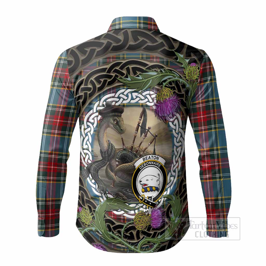 Beaton Tartan Crest Bagpipe Nessie Long Sleeve Button Shirts Scottish Loch Ness Monster Celtic Thistle