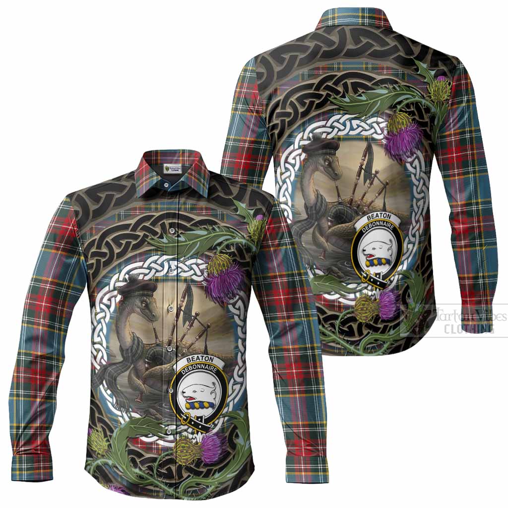 Beaton Tartan Crest Bagpipe Nessie Long Sleeve Button Shirts Scottish Loch Ness Monster Celtic Thistle