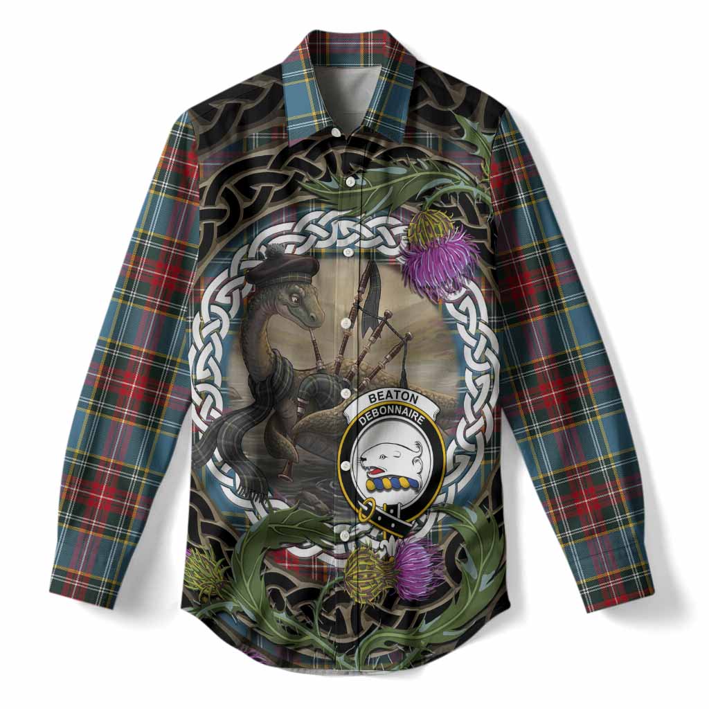 Beaton Tartan Crest Bagpipe Nessie Women Casual Shirt Scottish Loch Ness Monster Celtic Thistle