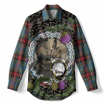 Beaton Tartan Crest Bagpipe Nessie Women Casual Shirt Scottish Loch Ness Monster Celtic Thistle
