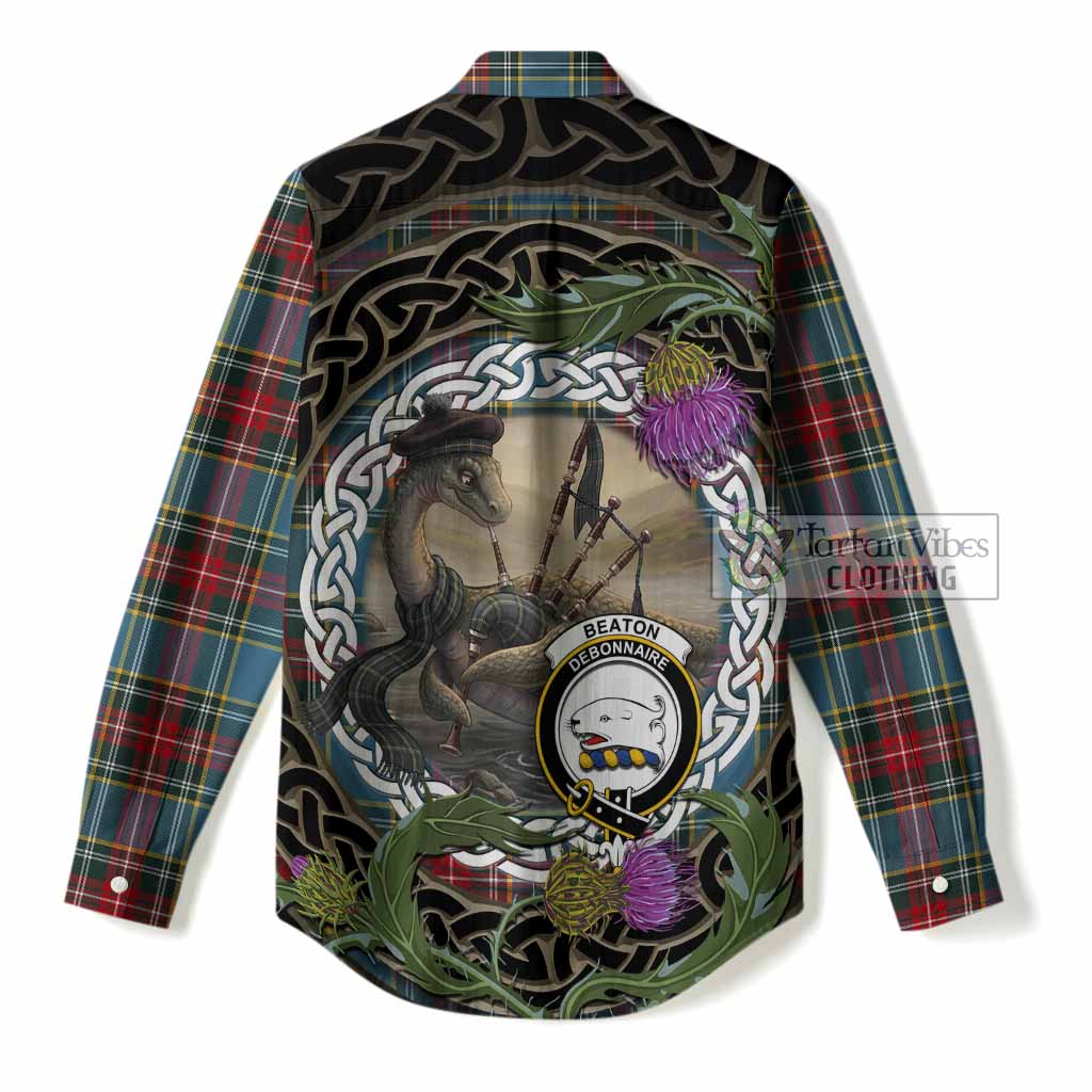 Beaton Tartan Crest Bagpipe Nessie Women Casual Shirt Scottish Loch Ness Monster Celtic Thistle