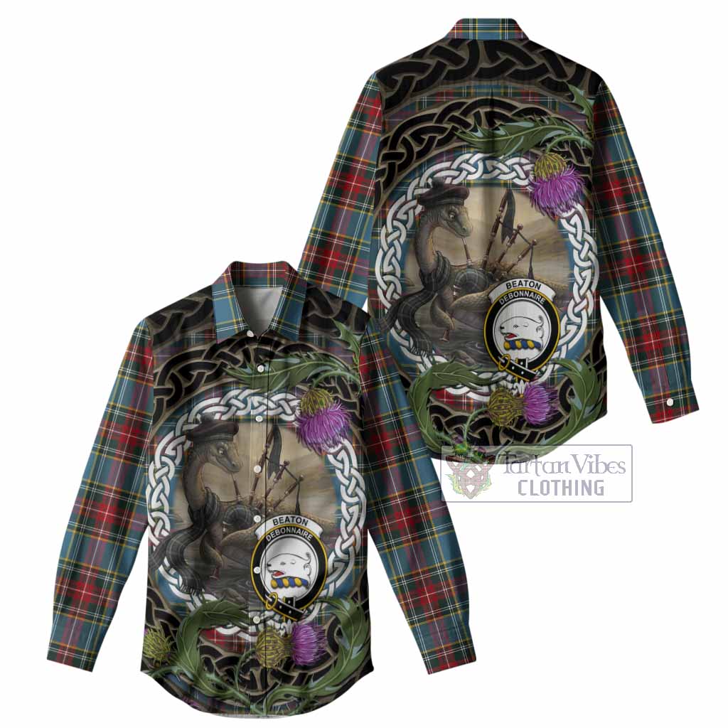 Beaton Tartan Crest Bagpipe Nessie Women Casual Shirt Scottish Loch Ness Monster Celtic Thistle