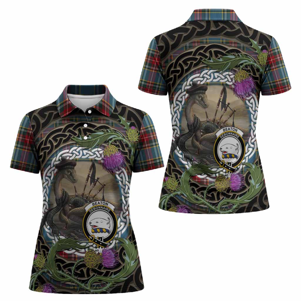 Beaton Tartan Crest Bagpipe Nessie Women Polo Shirt Scottish Loch Ness Monster Celtic Thistle
