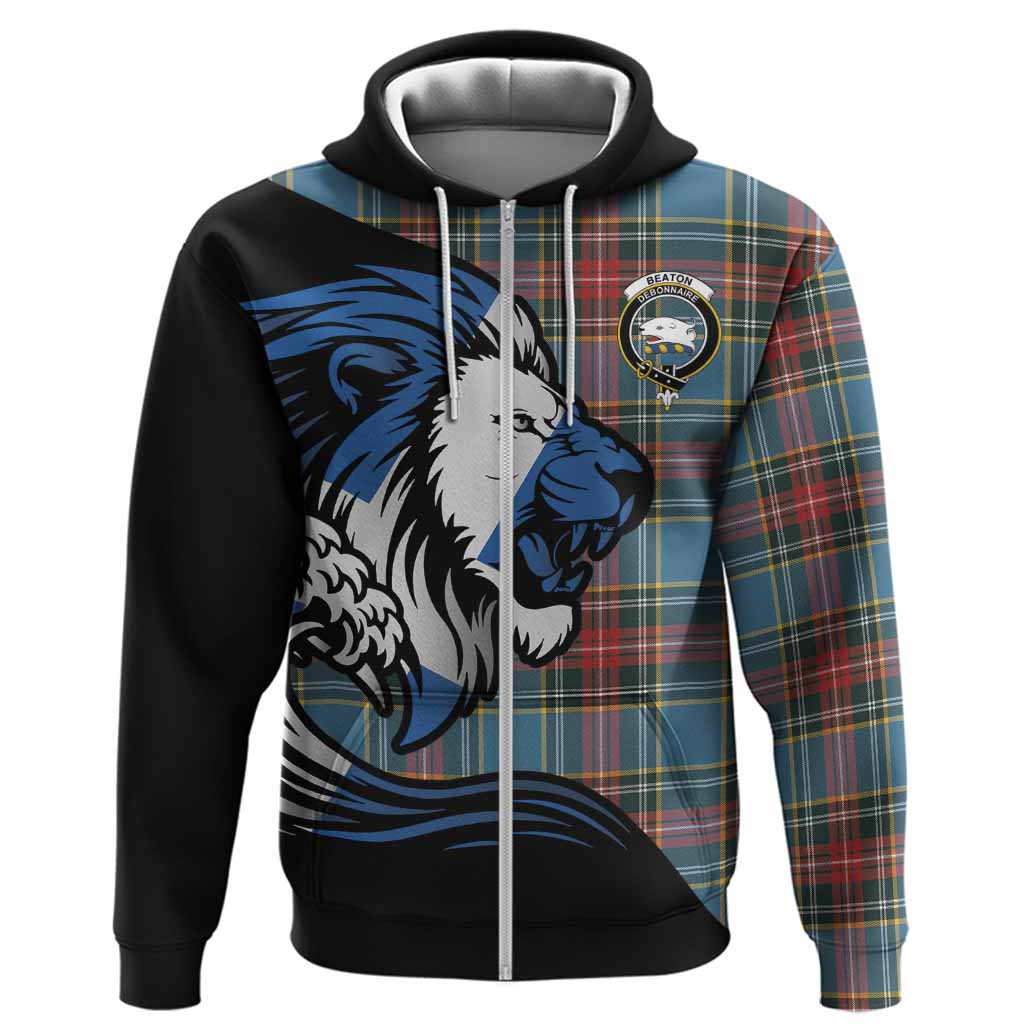 Beaton Tartan Crest Hoodie Scottish Golden Lions Wave Flow