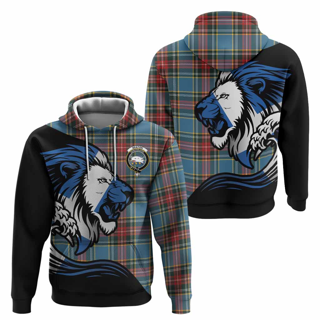 Beaton Tartan Crest Hoodie Scottish Golden Lions Wave Flow