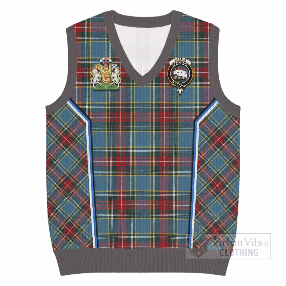 Beaton Tartan Crest Knitted V-Neck Vest Scotland Coat of Arm Flag Style - Tartan Vibes Clothing