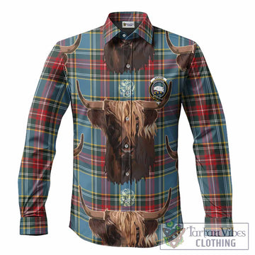 Beaton Tartan Crest Long Sleeve Button Shirts Scotland Heilan Coo Tartan Seamless Style