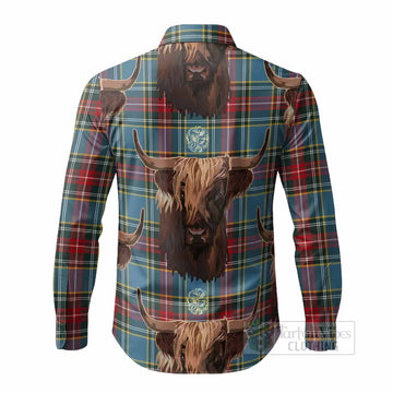 Beaton Tartan Crest Long Sleeve Button Shirts Scotland Heilan Coo Tartan Seamless Style