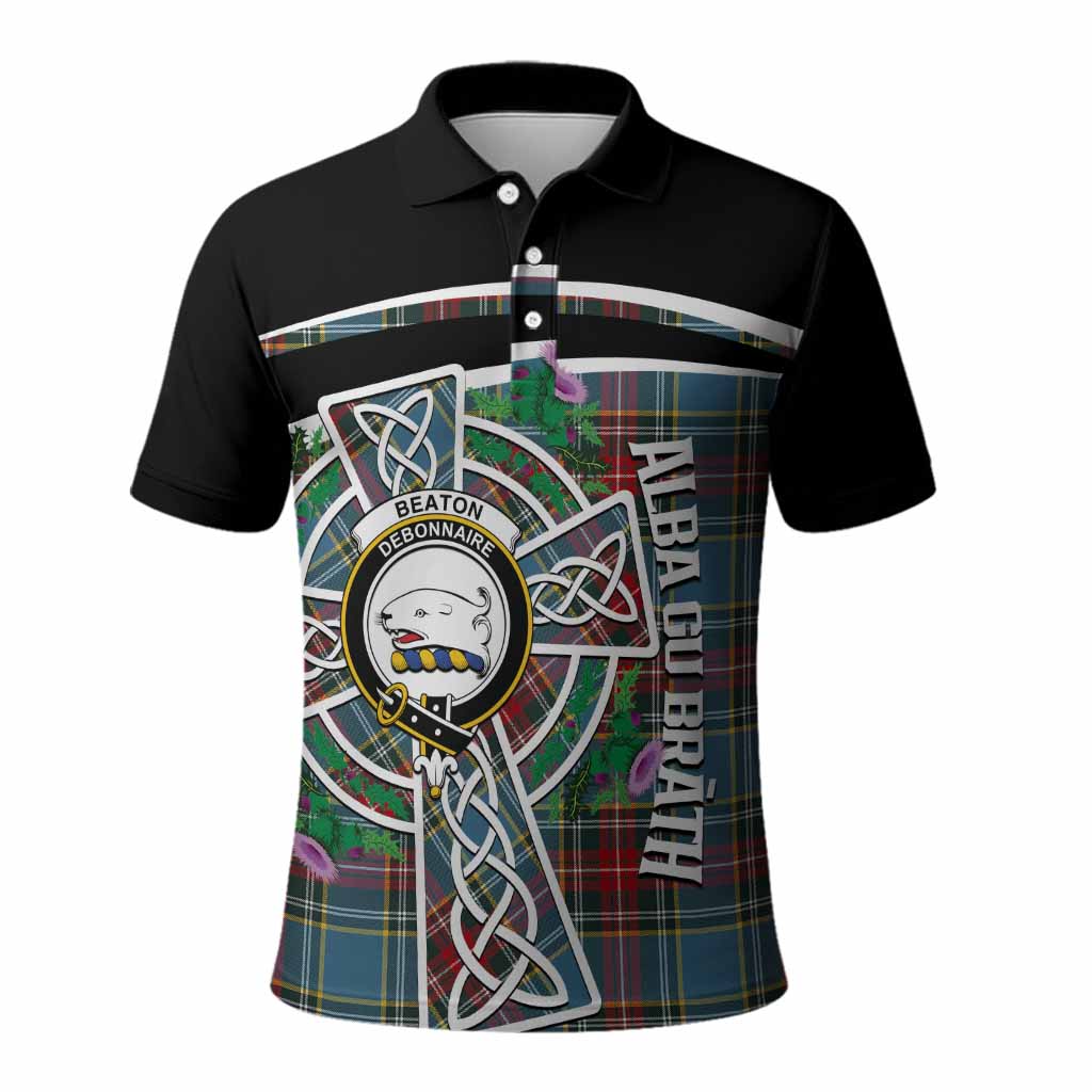 Beaton Tartan Crest Polo Shirt Scottish Thistle Celtic Cross Alba Gu Brath