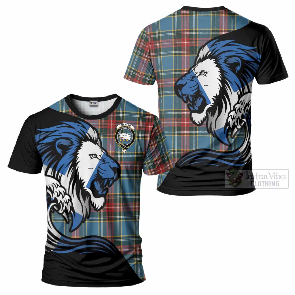 Beaton Tartan Crest T-Shirt Scottish Golden Lions Wave Flow
