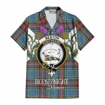 Beaton Tartan Family Crest Cotton Hawaiian Shirt Scottish Burns Night Thistle Floral