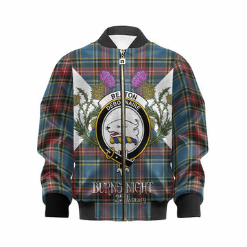 Beaton Tartan Family Crest Kid Bomber Jacket Scottish Burns Night Thistle Floral