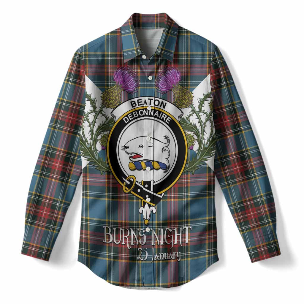 Beaton Tartan Family Crest Women Casual Shirt Scottish Burns Night Thistle Floral