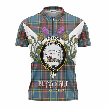 Beaton Tartan Family Crest Zipper Polo Shirt Scottish Burns Night Thistle Floral