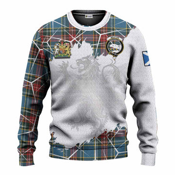 Beaton Tartan Knitted Sweater with Family Crest and Lion Rampant Grunge Style