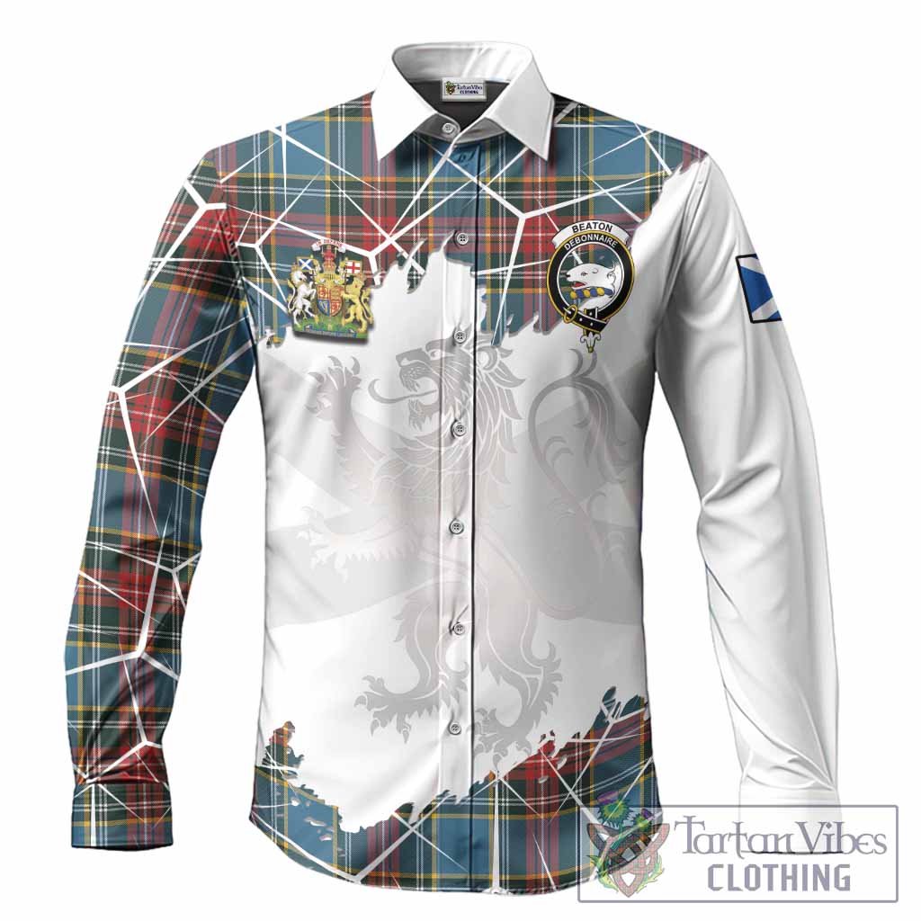 Beaton Tartan Long Sleeve Button Shirts with Family Crest and Lion Rampant Grunge Style