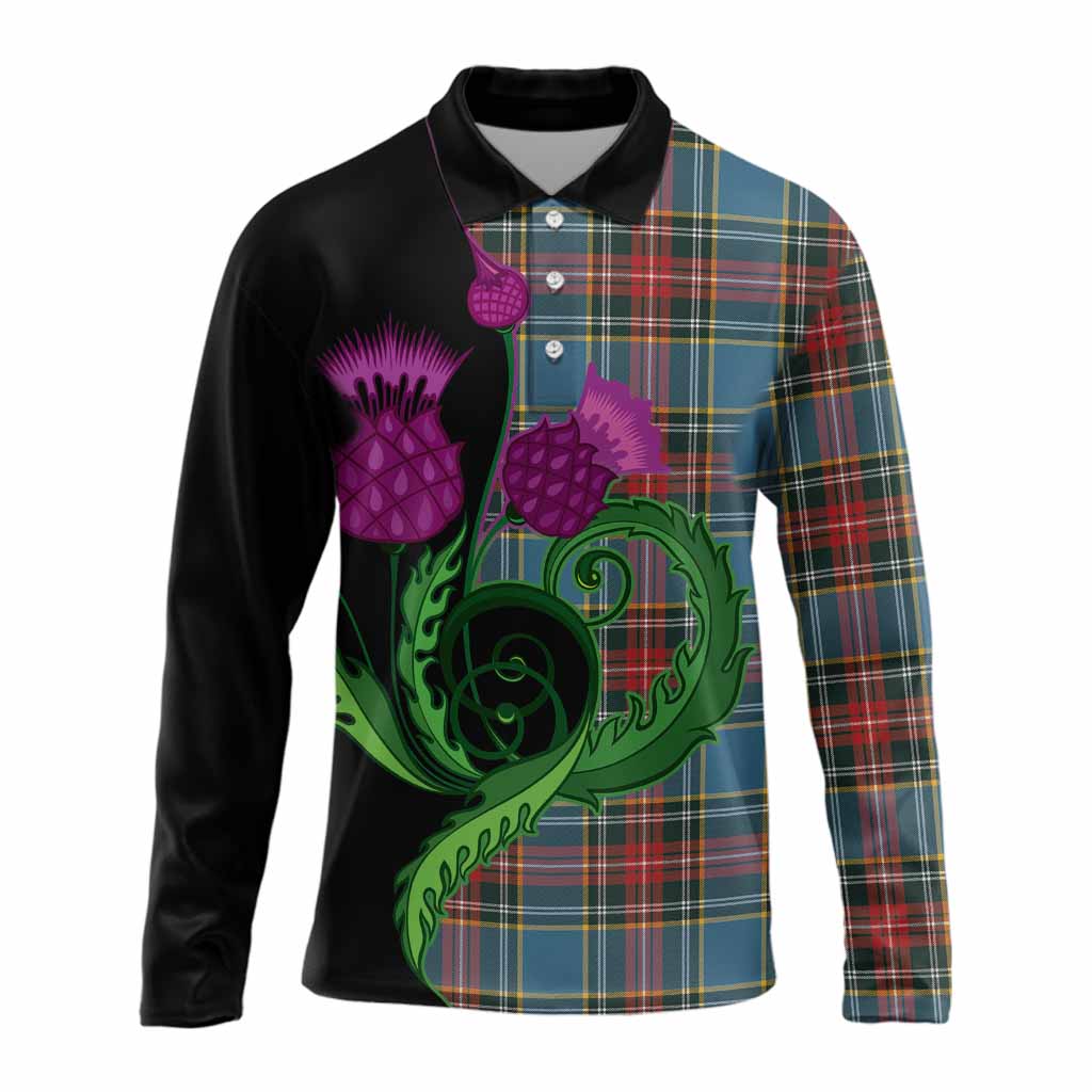 Beaton Tartan Long Sleeve Polo Shirt Traditional Scottish Thistle