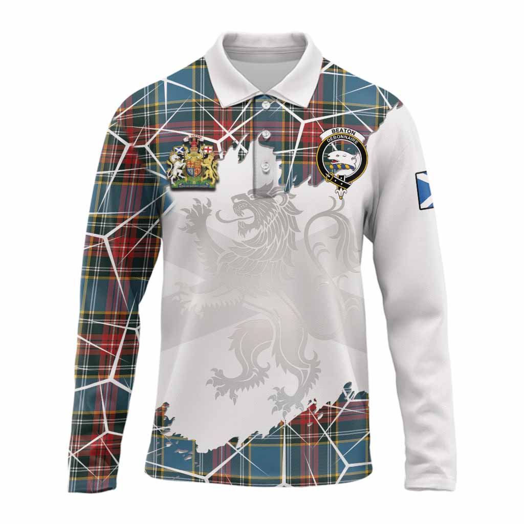 Beaton Tartan Long Sleeve Polo Shirt with Family Crest and Lion Rampant Grunge Style