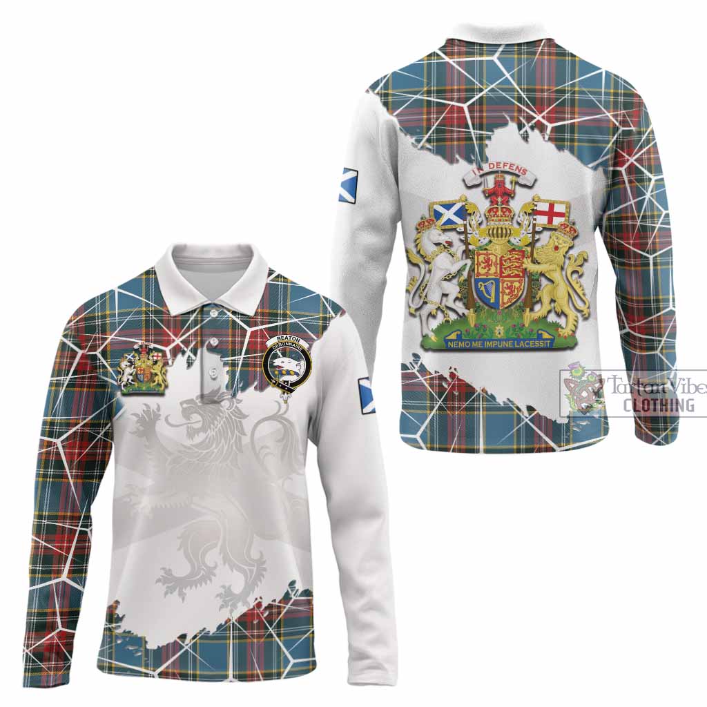 Beaton Tartan Long Sleeve Polo Shirt with Family Crest and Lion Rampant Grunge Style