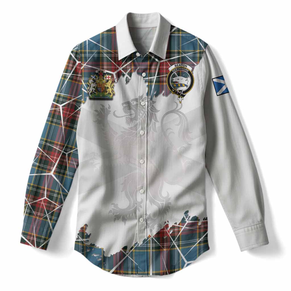 Beaton Tartan Women Casual Shirt with Family Crest and Lion Rampant Grunge Style