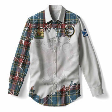 Beaton Tartan Women Casual Shirt with Family Crest and Lion Rampant Grunge Style