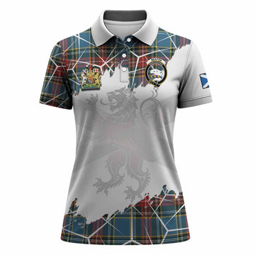 Beaton Tartan Women Polo Shirt with Family Crest and Lion Rampant Grunge Style