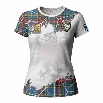 Beaton Tartan Women T shirt with Family Crest and Lion Rampant Grunge Style