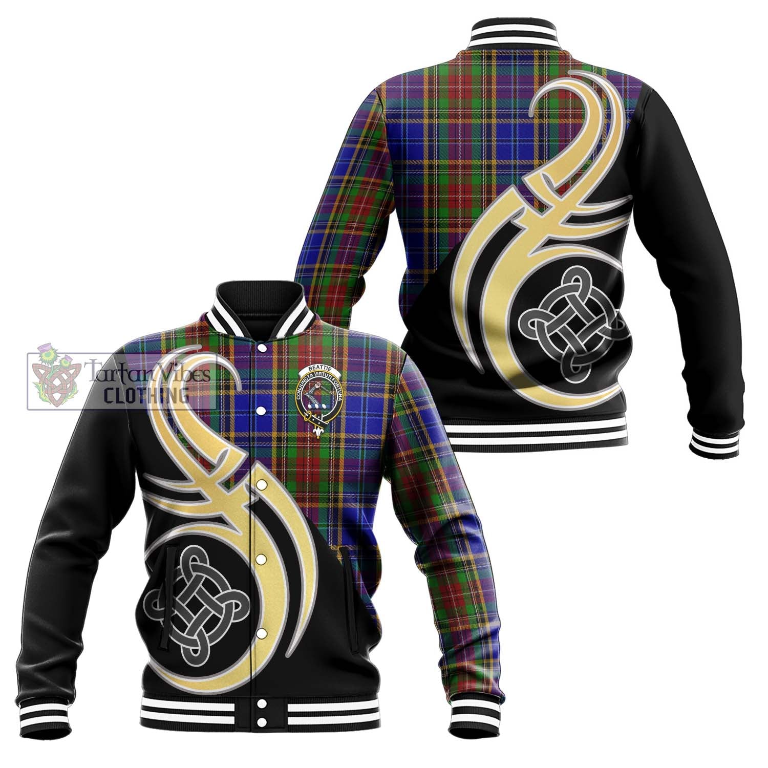 Beattie Tartan Baseball Jacket with Family Crest and Celtic Symbol Style Unisex - Tartan Vibes Clothing