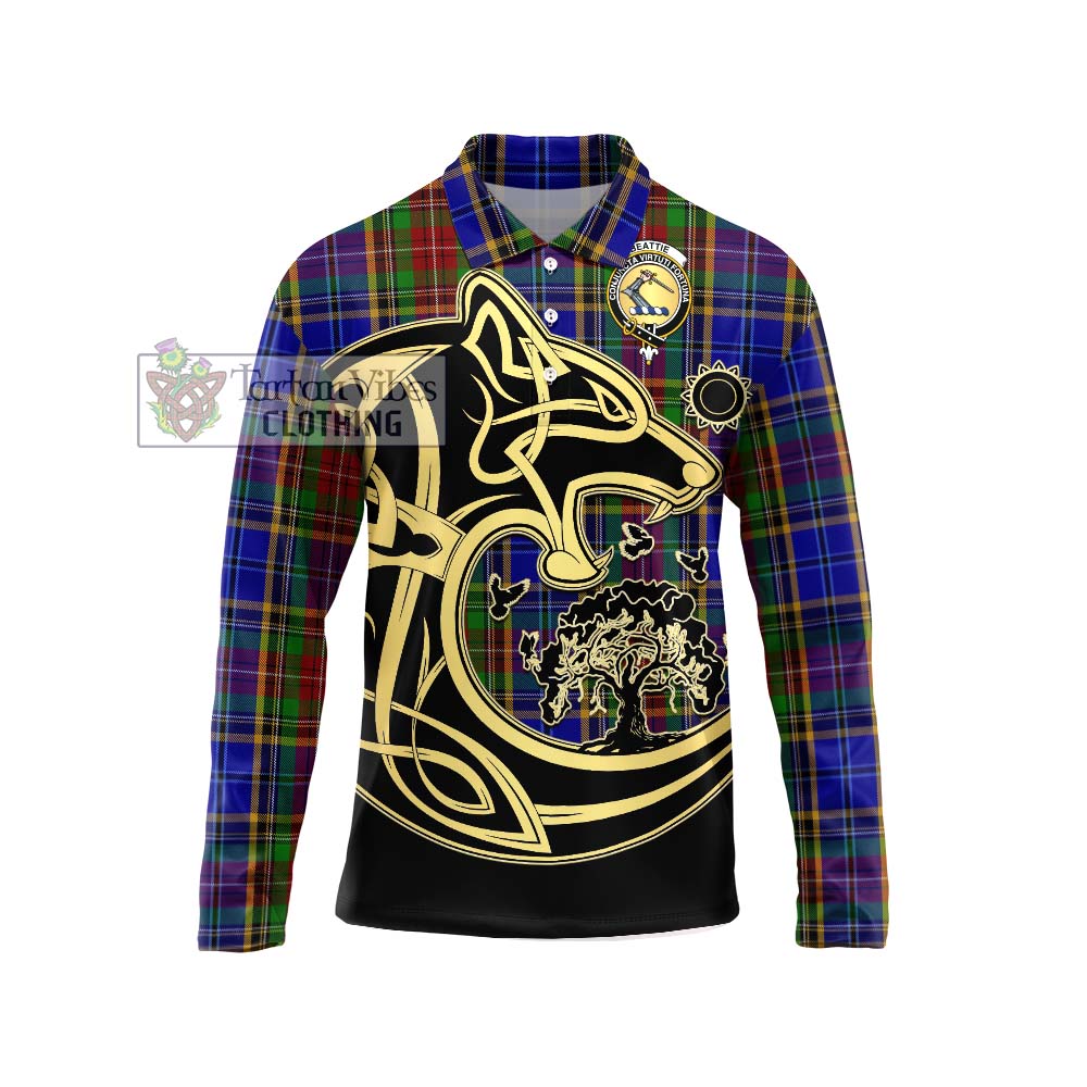 Beattie Tartan Long Sleeve Polo Shirt with Family Crest Celtic Wolf Style Unisex - Tartan Vibes Clothing