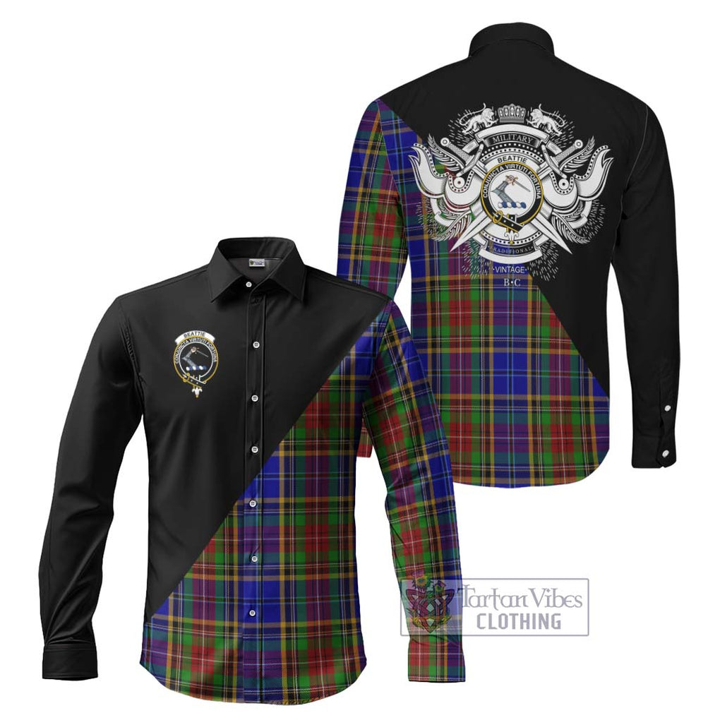Beattie Tartan Long Sleeve Button Shirt with Family Crest and Military Logo Style Men's Shirt S - Tartanvibesclothing Shop