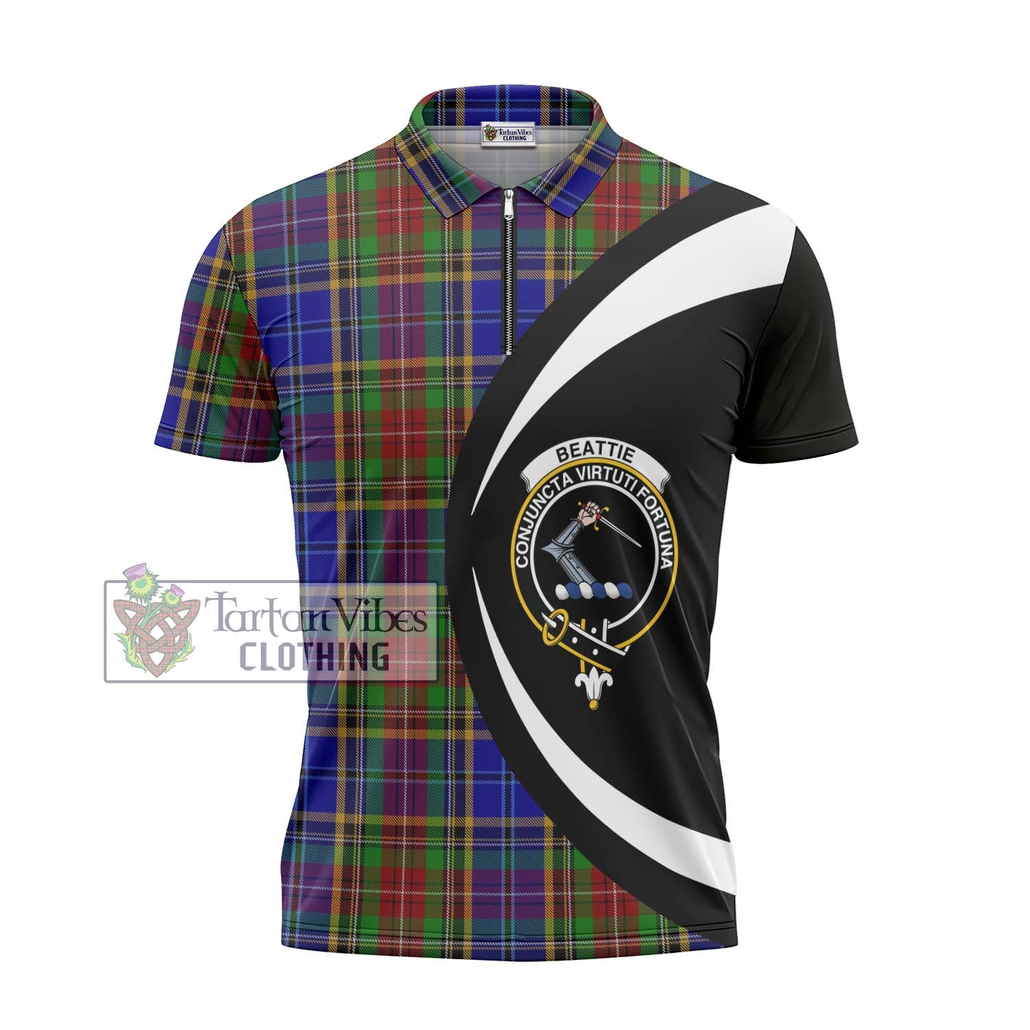 Beattie Tartan Zipper Polo Shirt with Family Crest Circle Style - Tartan Vibes Clothing