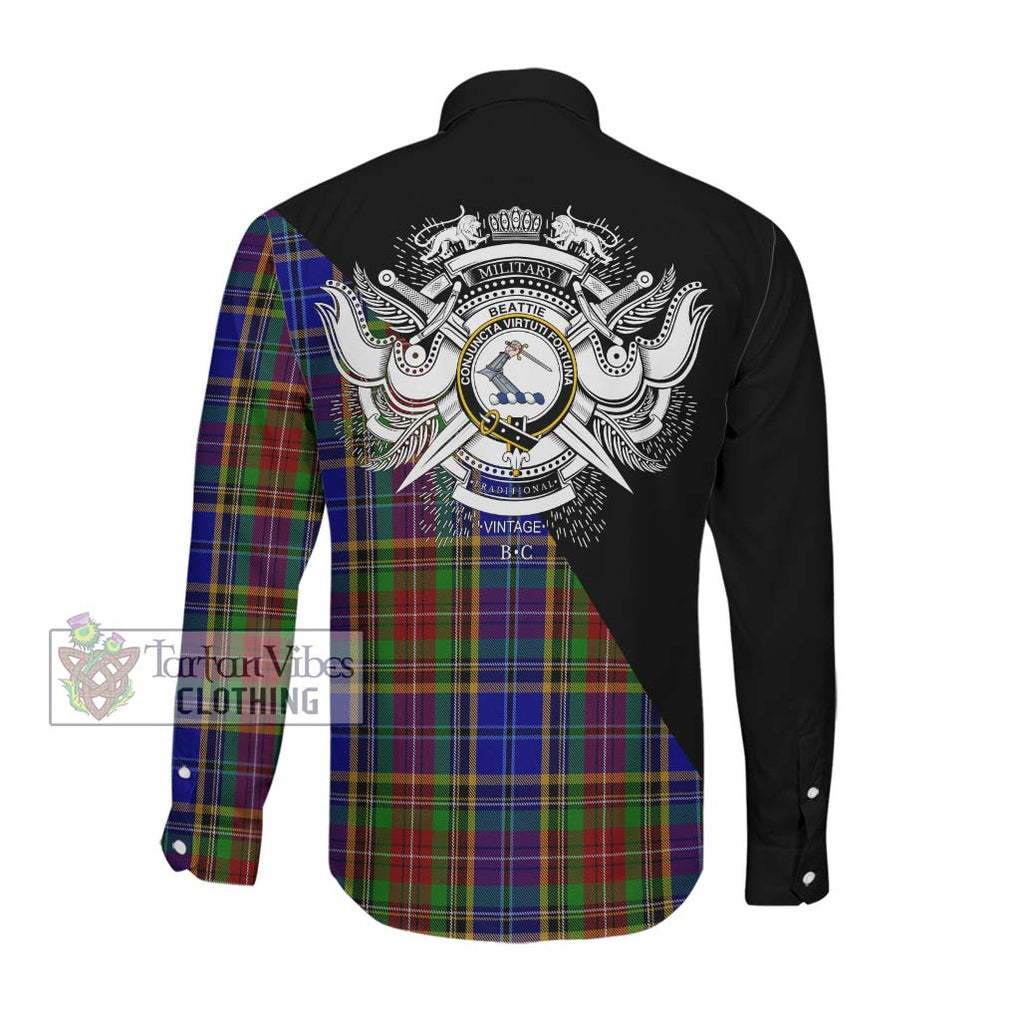 Beattie Tartan Long Sleeve Button Shirt with Family Crest and Military Logo Style Men's Shirt - Tartanvibesclothing Shop