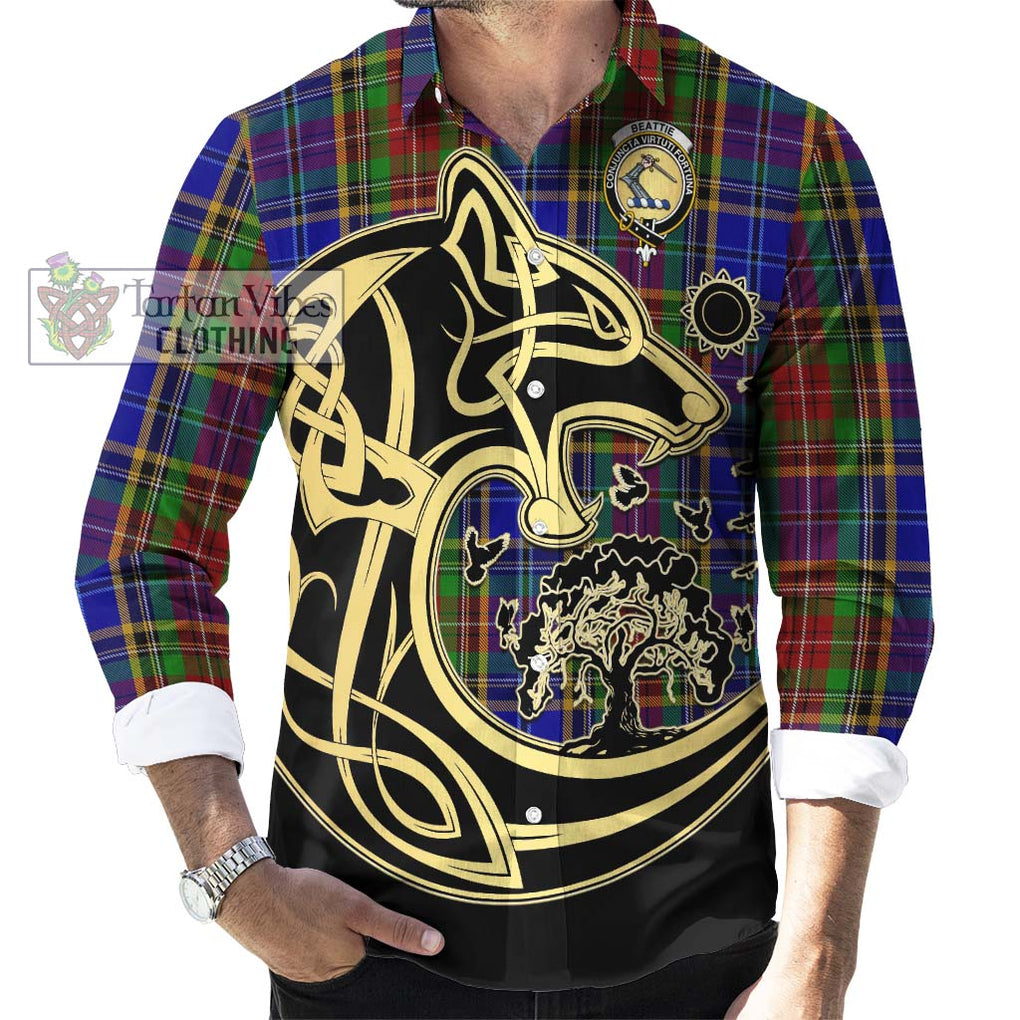Beattie Tartan Long Sleeve Button Shirt with Family Crest Celtic Wolf Style - Tartan Vibes Clothing