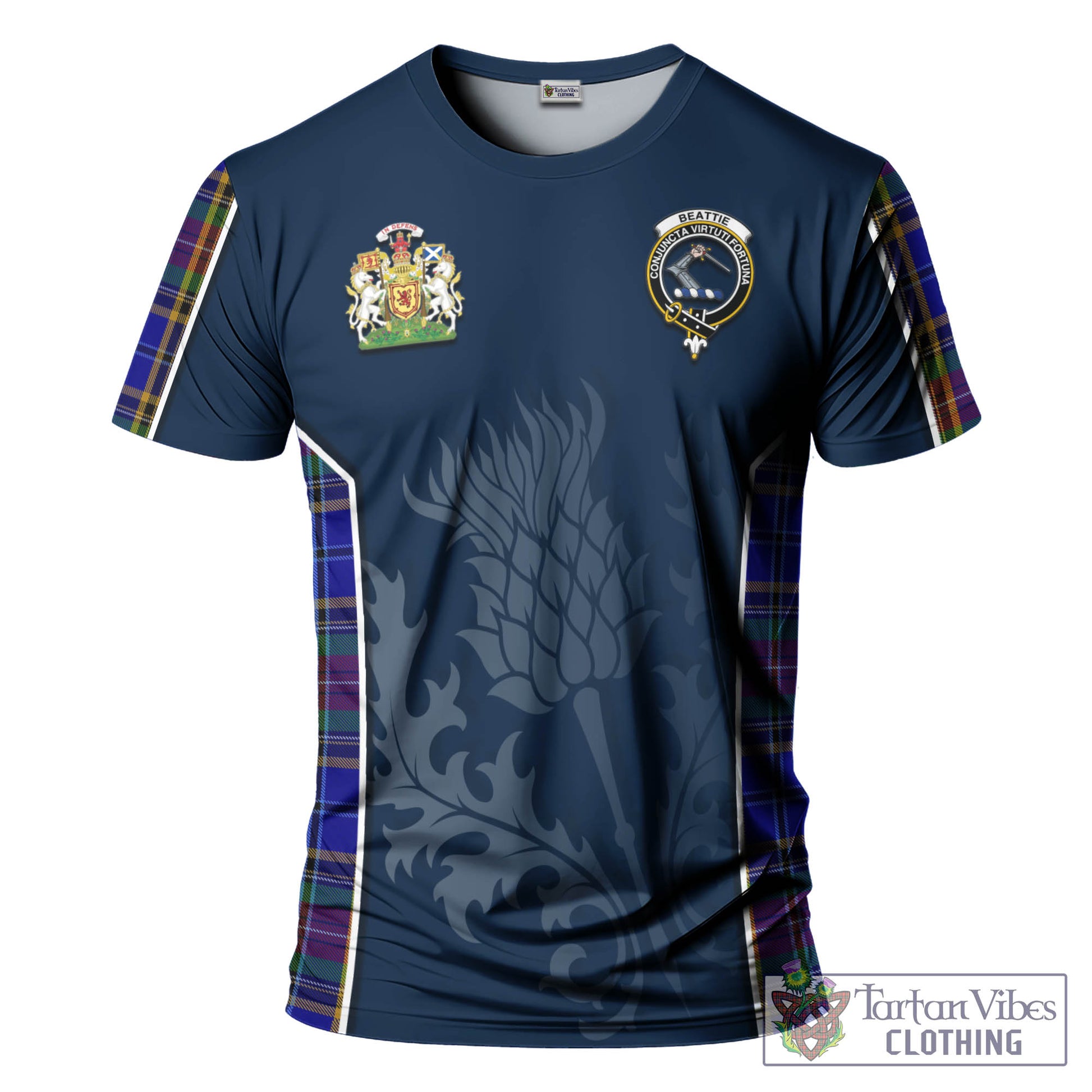 Tartan Vibes Clothing Beattie Tartan T-Shirt with Family Crest and Scottish Thistle Vibes Sport Style
