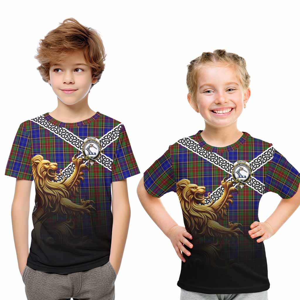 Beattie (Beatty) Crest Tartan Kid T-Shirt with Golden Lion Emblem Celtic Style Youth XL Size14 - Tartan Vibes Clothing