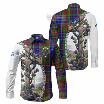 Beattie (Beatty) Tartan Long Sleeve Button Shirt with Family Crest and St. Andrew's Cross Accented by Thistle Vines Men's Shirt S - Tartan Vibes Clothing