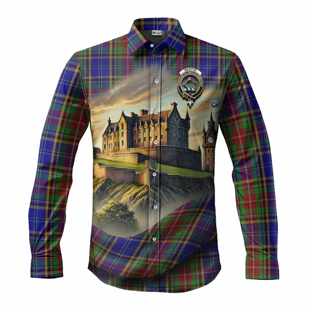 Tartan Vibes Clothing Beattie (Beatty) Tartan Family Crest Long Sleeve Button Shirt with Scottish Ancient Castle Style