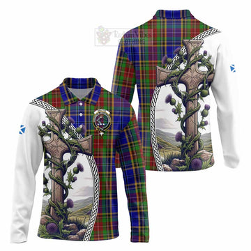 Beattie (Beatty) Tartan Long Sleeve Polo Shirt with Family Crest and St. Andrew's Cross Accented by Thistle Vines Unisex - Tartan Vibes Clothing