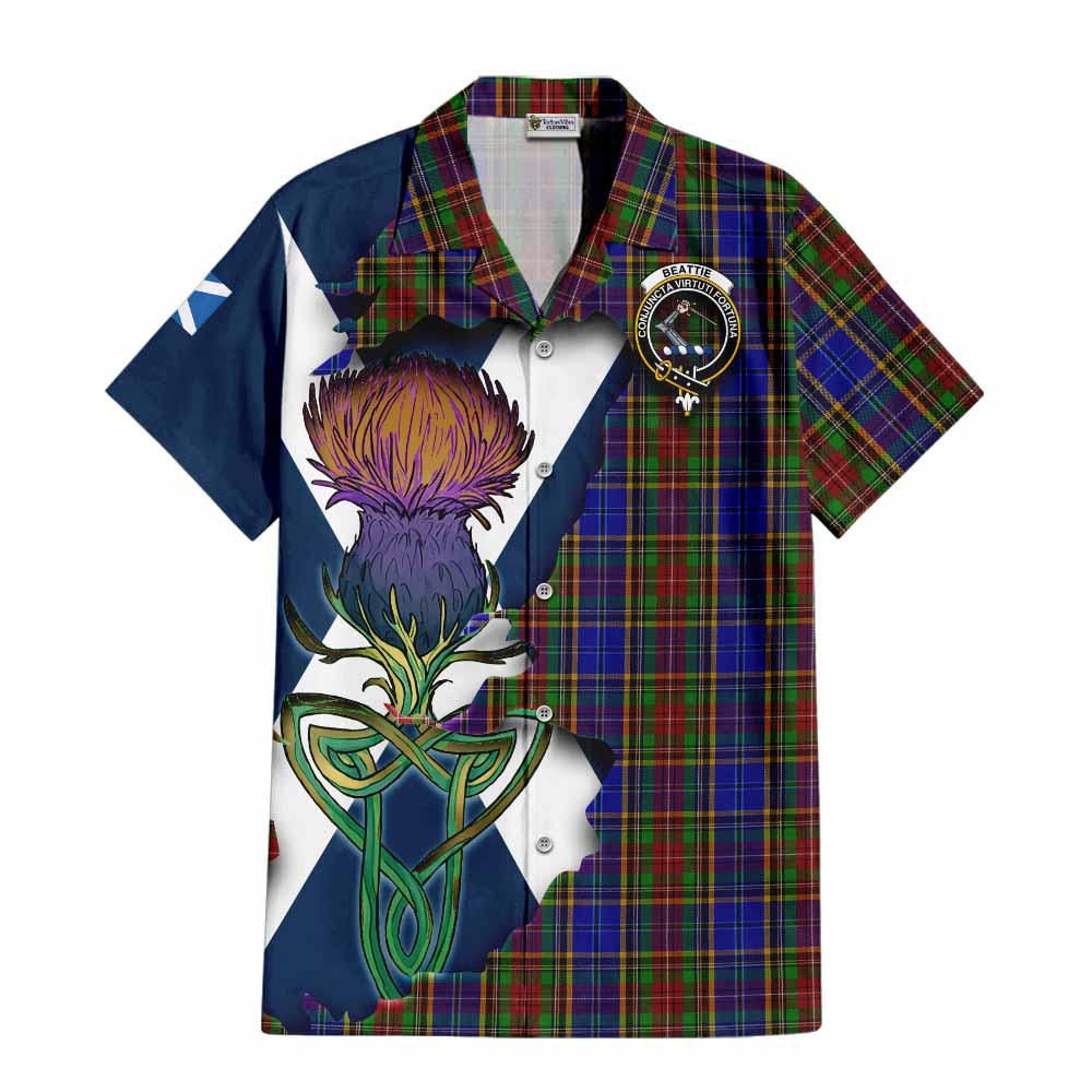 Tartan Vibes Clothing Beattie (Beatty) Tartan Family Crest Short Sleeve Button Shirt Scottish Thistle Celtic Inspired