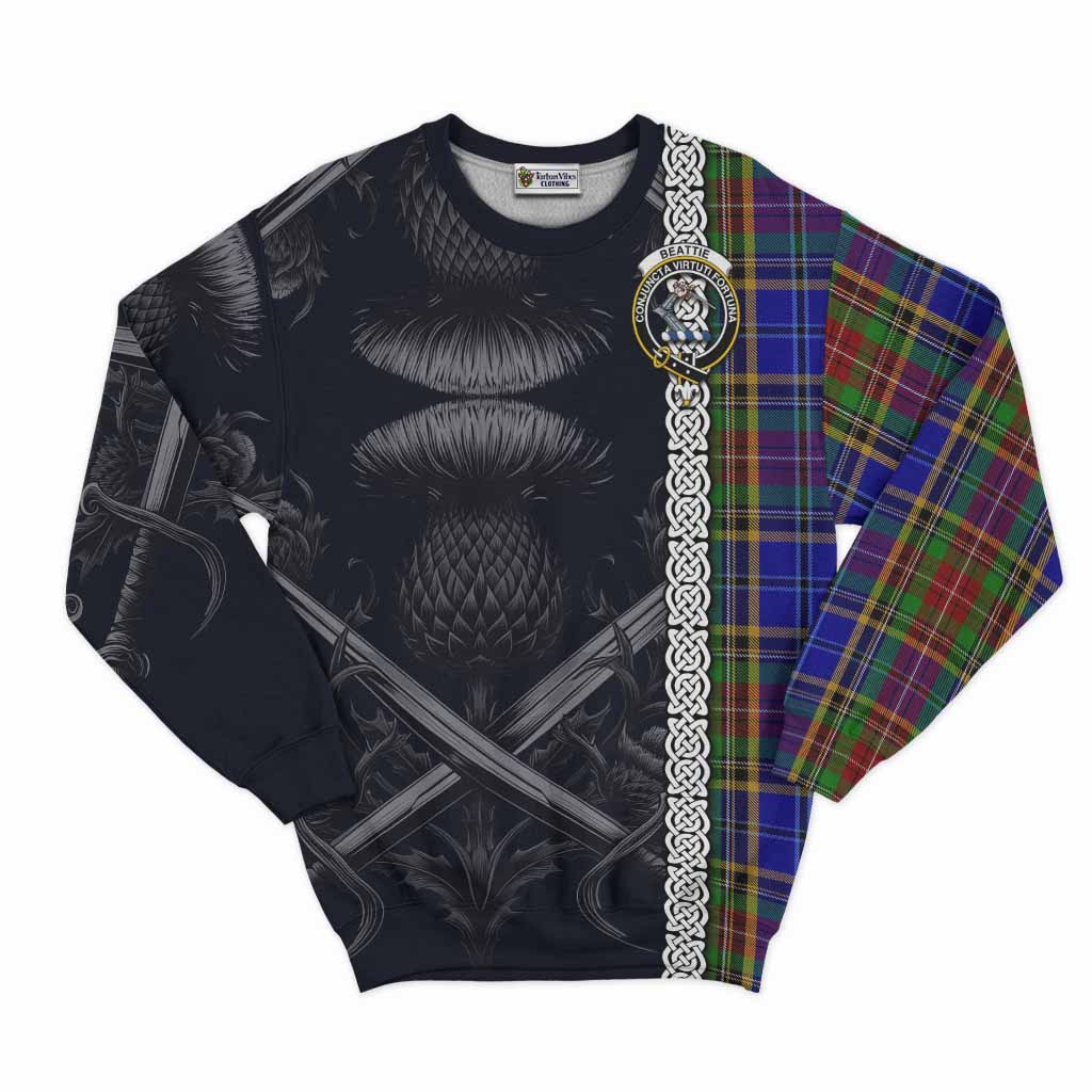 Beattie (Beatty) Tartan Sweatshirt with Family Crest Cross Sword Thistle Celtic Vibes Unisex - Tartan Vibes Clothing
