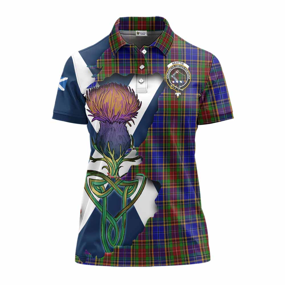 Tartan Vibes Clothing Beattie (Beatty) Tartan Family Crest Women's Polo Shirt Scottish Thistle Celtic Inspired