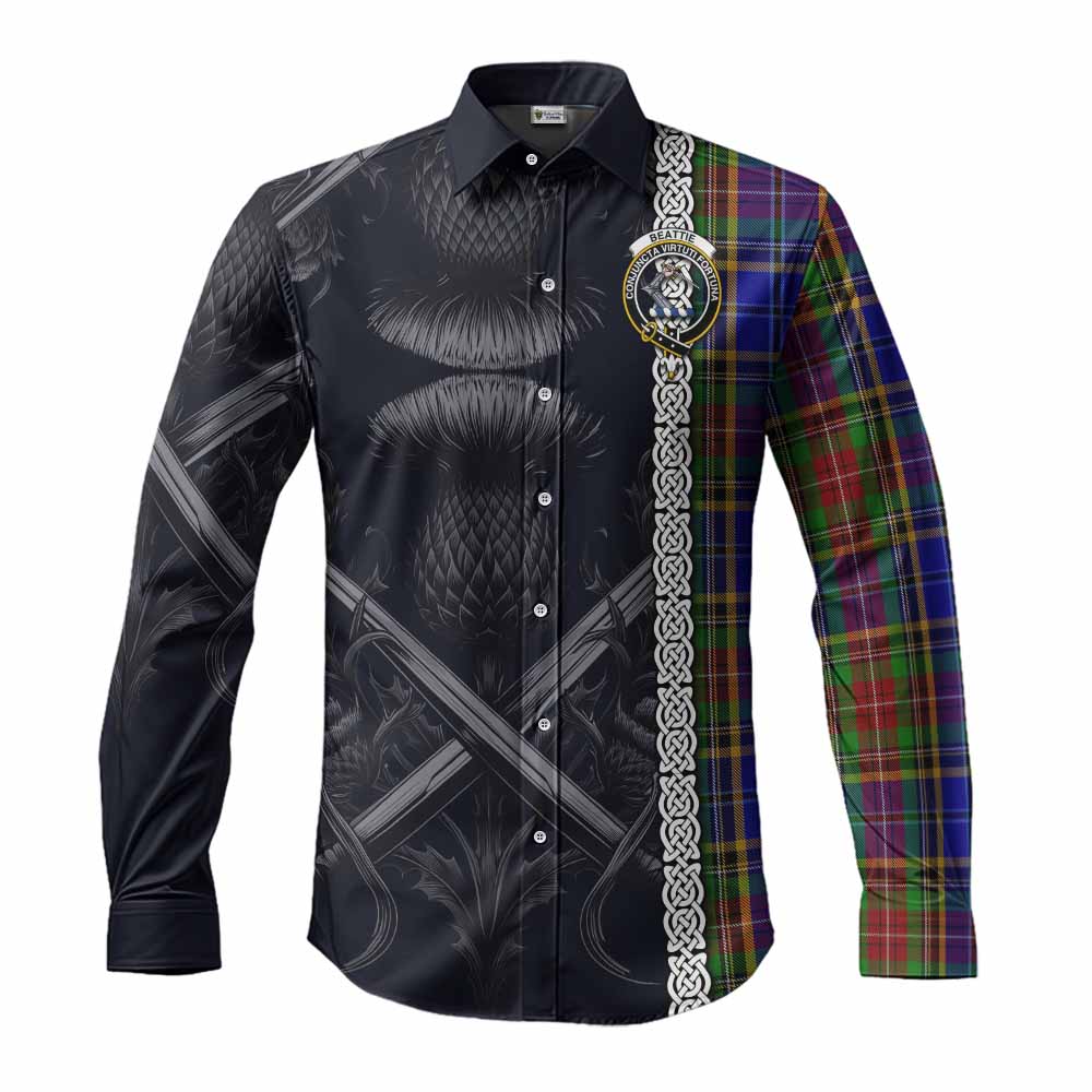 Tartan Vibes Clothing Beattie (Beatty) Tartan Long Sleeve Button Shirt with Family Crest Cross Sword Thistle Celtic Vibes