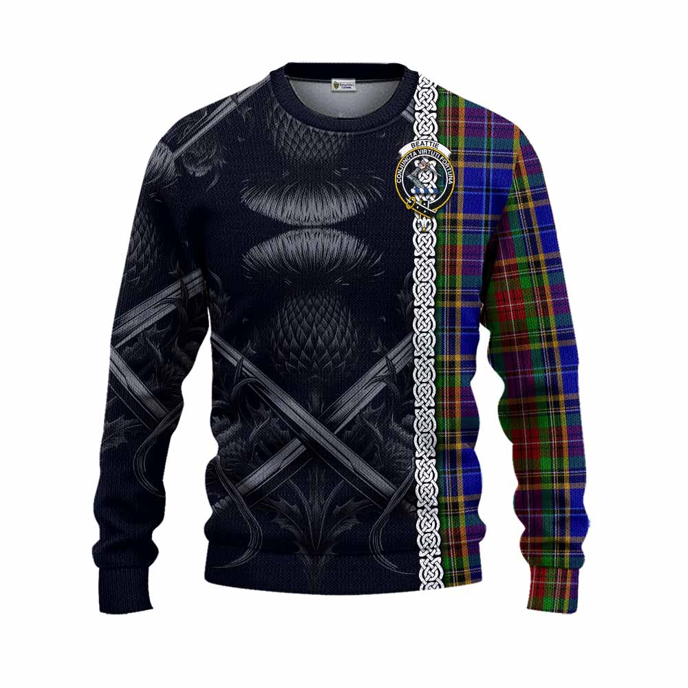 Beattie (Beatty) Tartan Knitted Sweater with Family Crest Cross Sword Thistle Celtic Vibes Unisex - Tartan Vibes Clothing