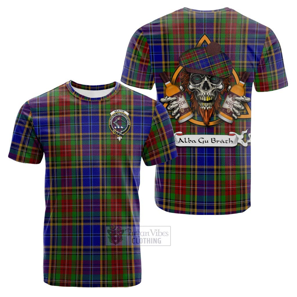 Tartan Vibes Clothing Beattie (Beatty) Tartan Cotton T-shirt with Family Crest and Bearded Skull Holding Bottles of Whiskey
