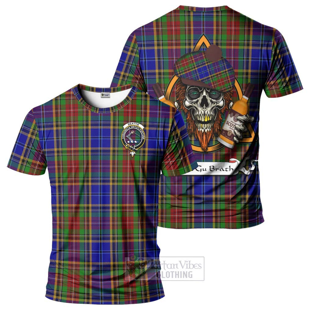 Tartan Vibes Clothing Beattie (Beatty) Tartan T-Shirt with Family Crest and Bearded Skull Holding Bottles of Whiskey